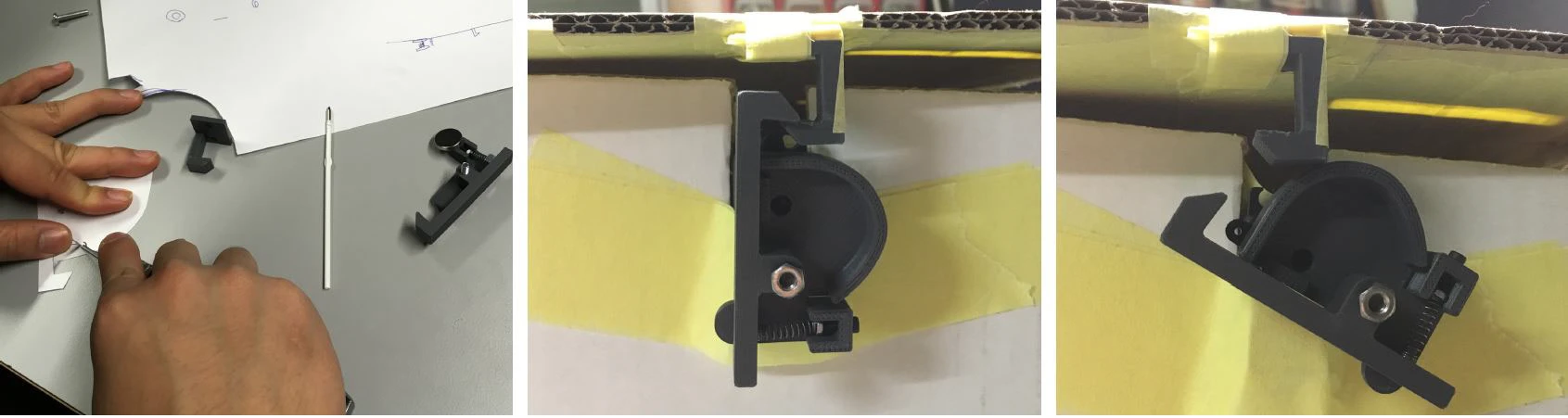 Three frames of the lid mechanism: a hand operating a lever on a white panel, then close-ups of the printed hinge taped onto yellow card.