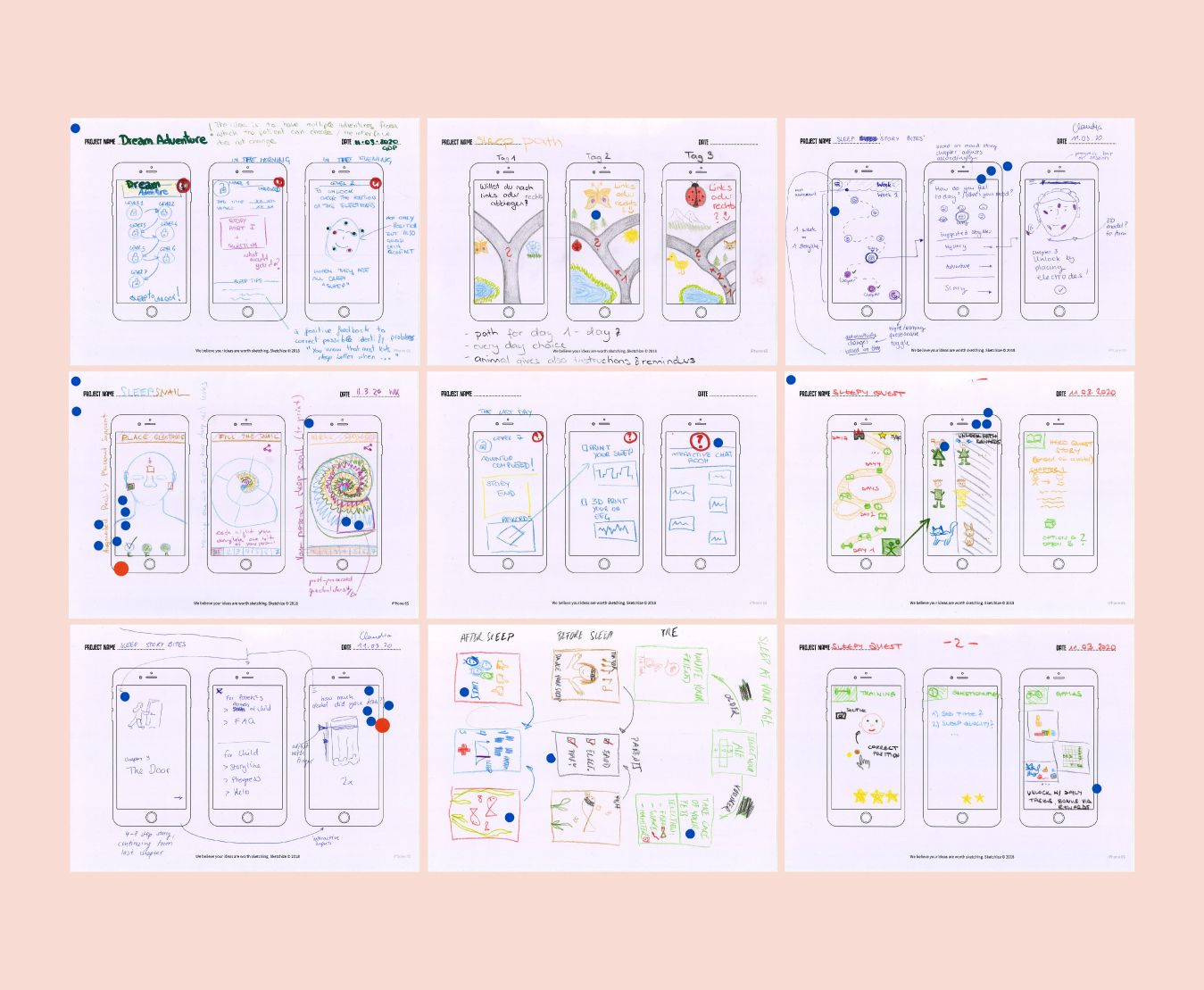 Nine Crazy 8's sketch sheets of app concepts, marked with coloured dot-voting stickers.