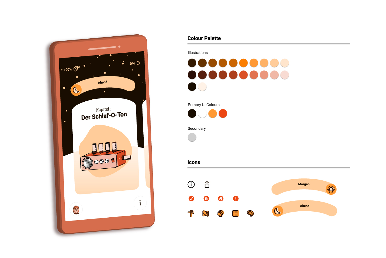 The project's design system: illustration and UI colour ramps, icon set, and the morning and evening toggle components.