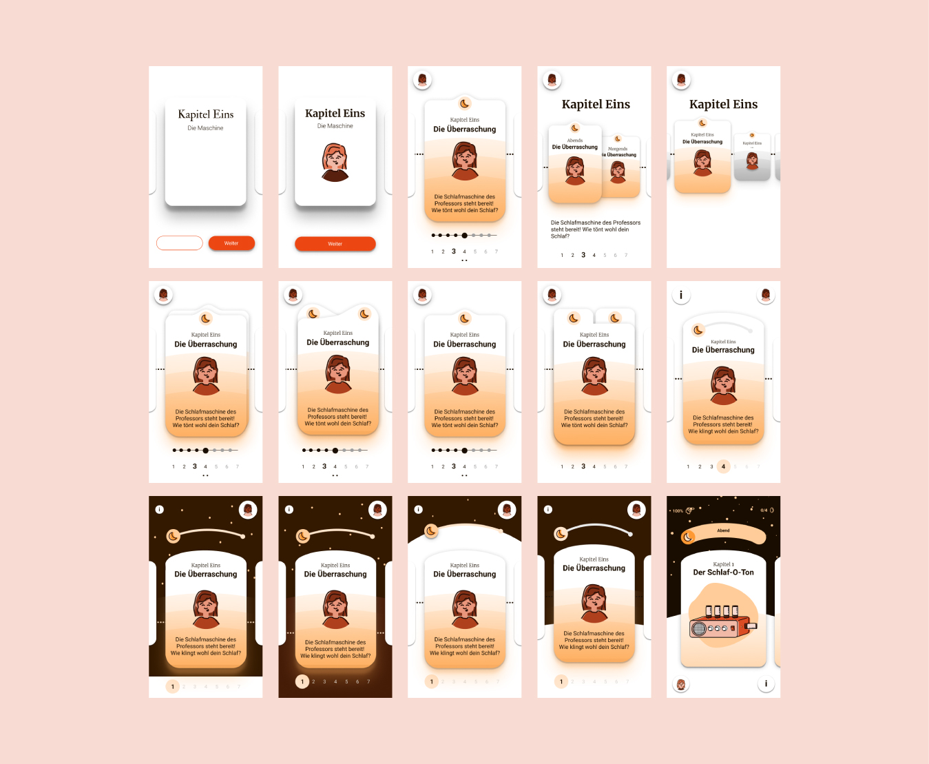 Fifteen iterations of the chapter-selection home screen, evolving from plain white cards to a night-sky layout with an arcing sun and moon toggle.